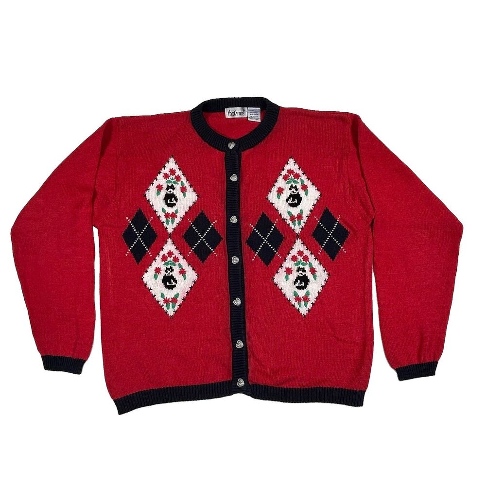 Vtg That's Me Cat Sweater Cardigan Red Argyle Embroidered Heart Buttons Large